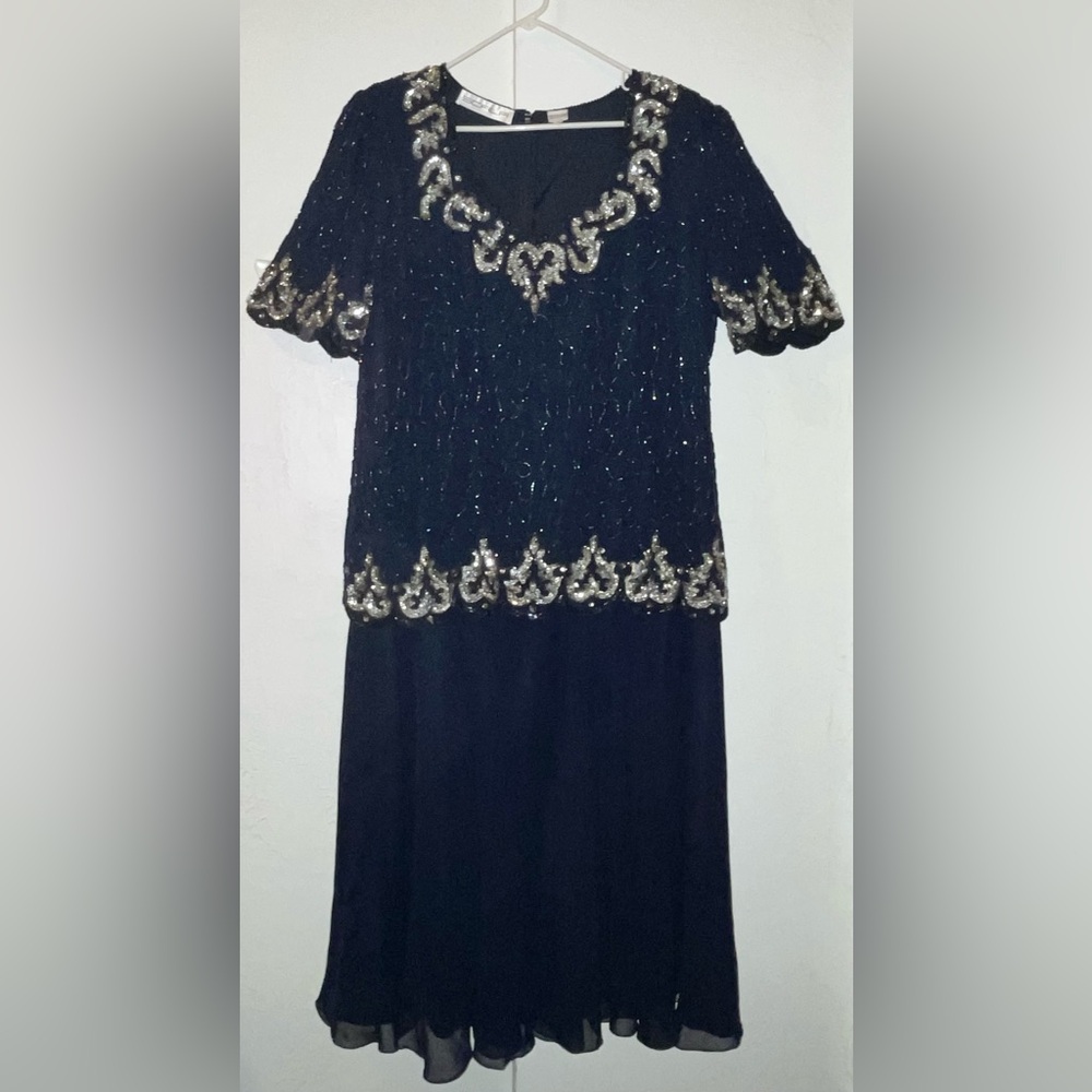 Vintage Scala Navy Blue Beaded and Sequin Formal Cocktail Evening Dress